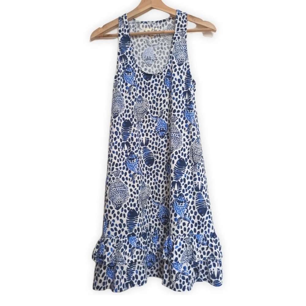 Lilly Pulitzer Evangelina Dress High Tide Navy Heart & Sole Blue Fish XL